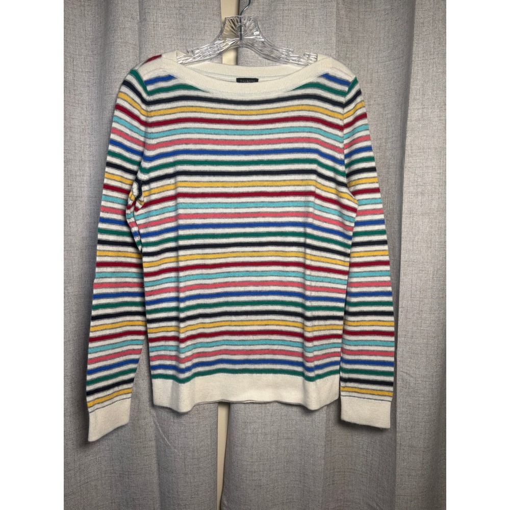 Talbots Womens Multi Color Striped Lambswool Blend Boat Neck Sweater Cream L